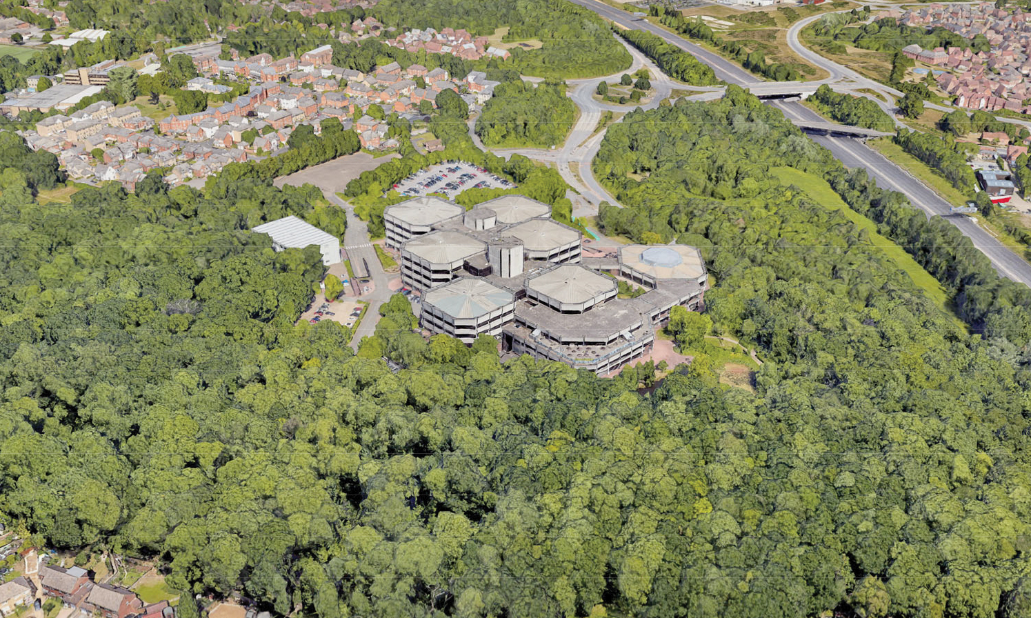 Aerial view of site looking west